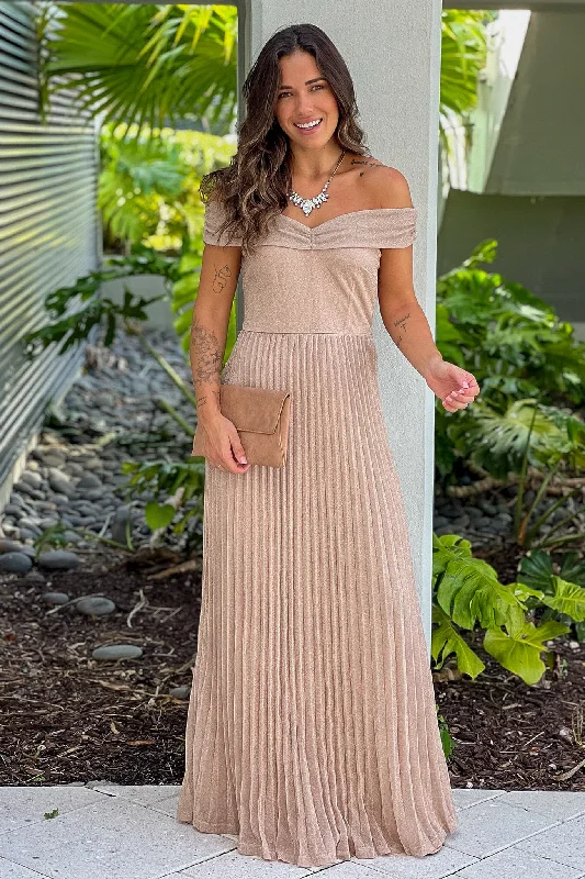 Champagne Off Shoulder Lurex Maxi Dress Elegant Lace Maxi Dress