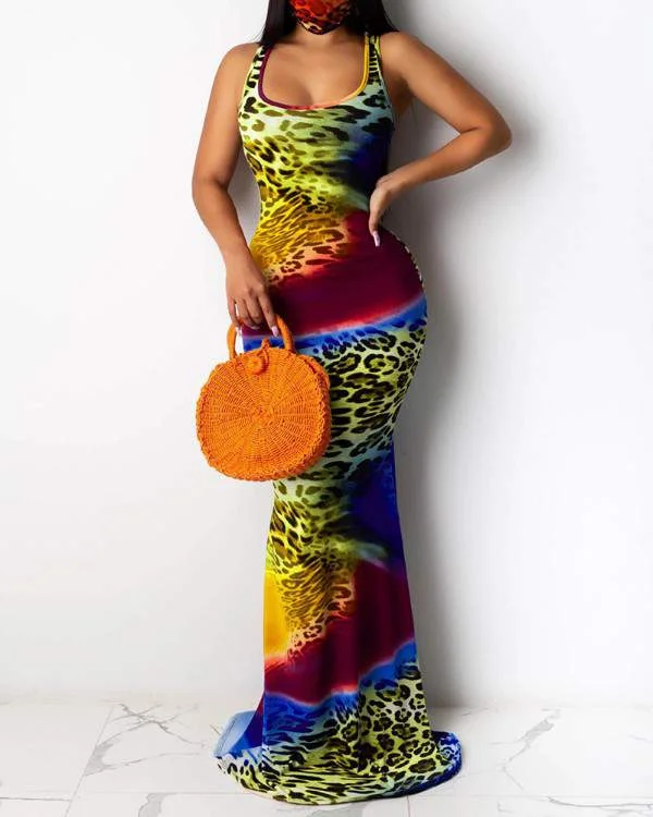 Cheetah Tie Dye Print Mermaid Sleeveless Maxi Dress Stylish V-Neck Maxi Dress