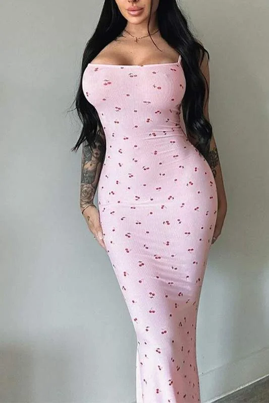 CHERRY PRINT MAXI DRESS Elegant Floral Maxi Dress