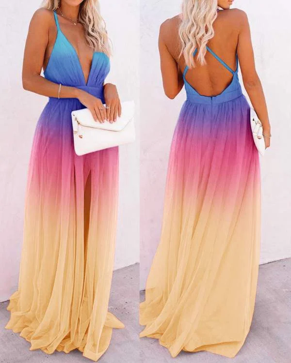 Colorblock Crisscross Backless Ruched Maxi Dress Comfortable Fit-and-Flare Maxi Dress