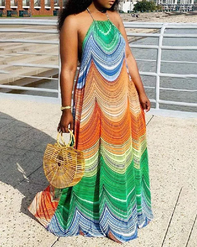 Colorblock Halter Sleeveless Maxi Dress Fashionable Printed Maxi Dress