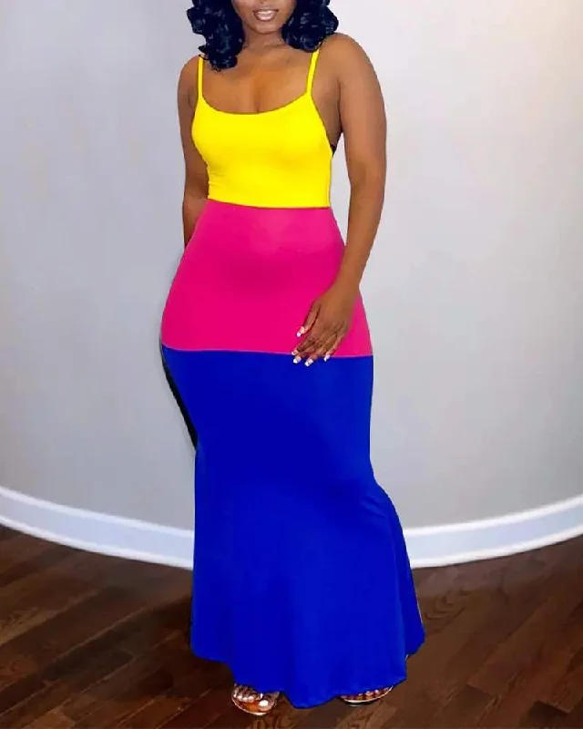 COLORBLOCK RUFFLE HEM SPAGHETTI STRAP MAXI DRESS Fashionable High-Low Maxi Dress