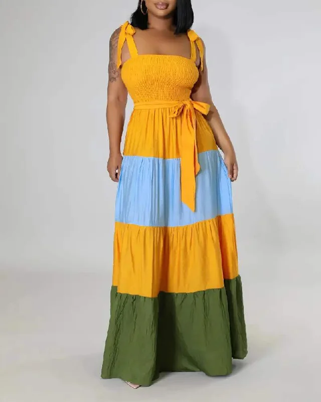 COLORBLOCK TIED DETAIL SHIRRED BELTED MAXI DRESS Fashionable Maxi Dress with Fringe
