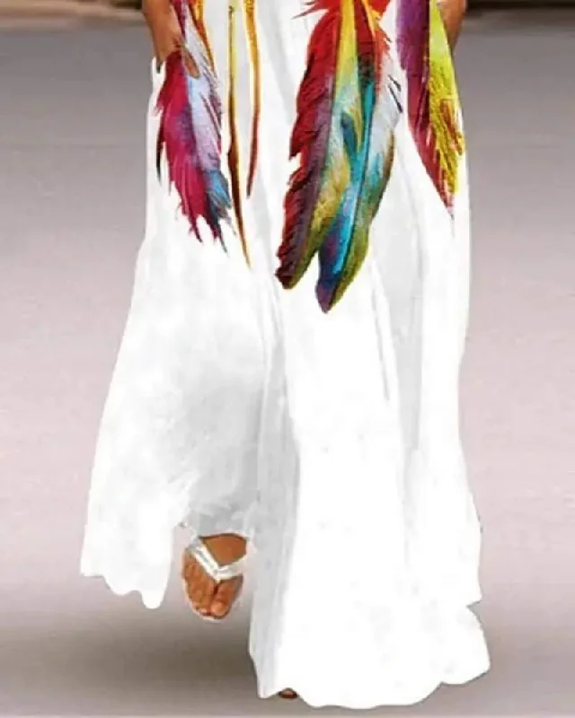 COLORFUL FEATHER PRINT POCKET DECOR MAXI DRESS Comfortable Bohemian Maxi Dress