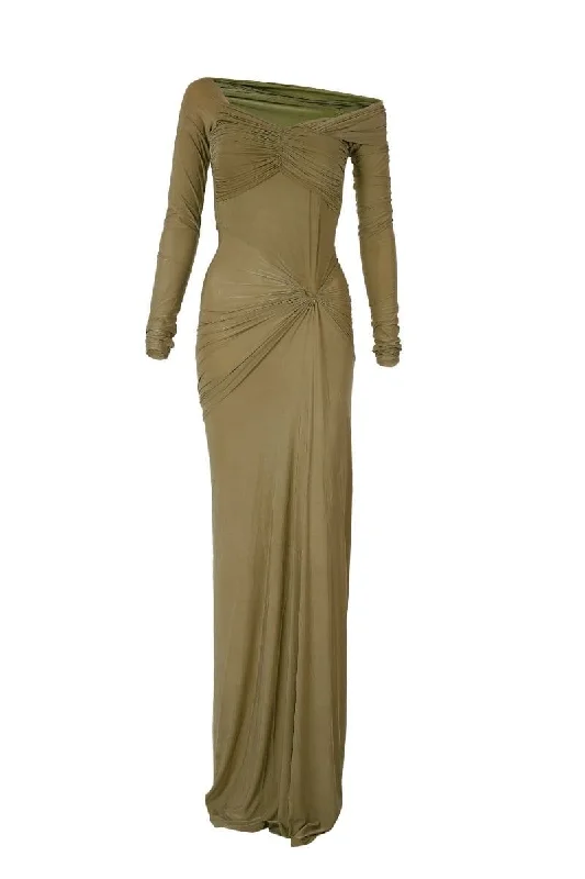 CONNIE OLIVE OFF-SHOULDER DRAPED MAXI DRESS Trendy Fit-and-Flare Maxi Dress
