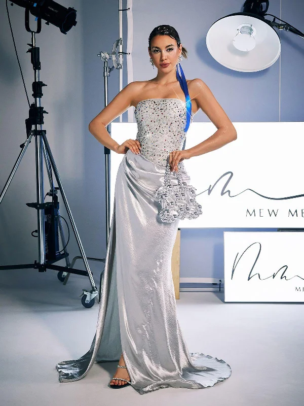 Corey Rhinestone Satin Maxi Dress Fashionable Button-Down Maxi Dress