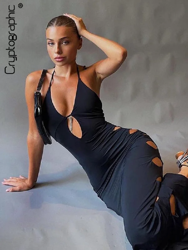 Cryptographic Cut Out Sexy Backless Halter Maxi Dress Bodycon Outfits Women's Long Dresses Elegant Club Party Vestidos Fashionable Open-Back Maxi Dress