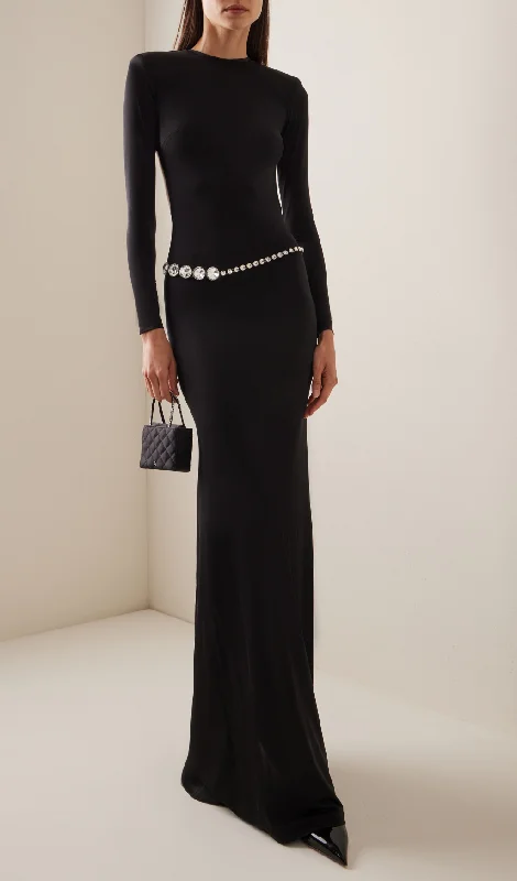 CRYSTAL EMBELLISHED MAXI DRESS IN JERSEY Comfortable Fitted Maxi Dress