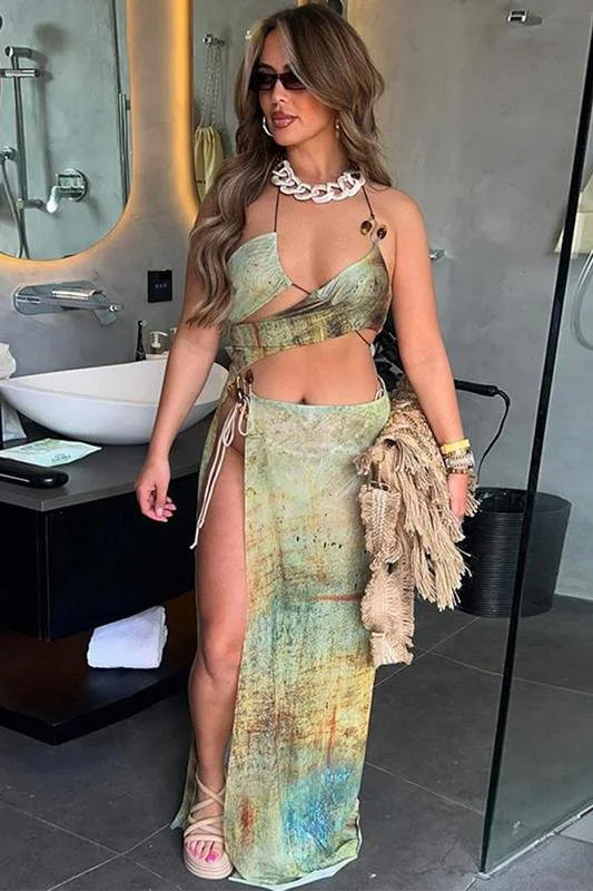 CUTOUT BACKLESS HALTER MAXI DRESS Elegant Pleated Maxi Dress
