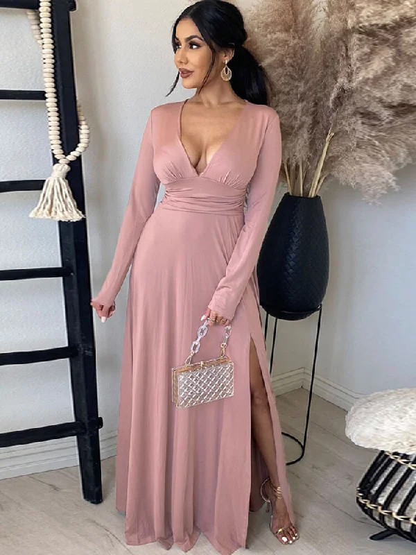 Deep V Neck Ruched Long Sleeve Slit Maxi Dress Elegant Maxi Dress with Pockets