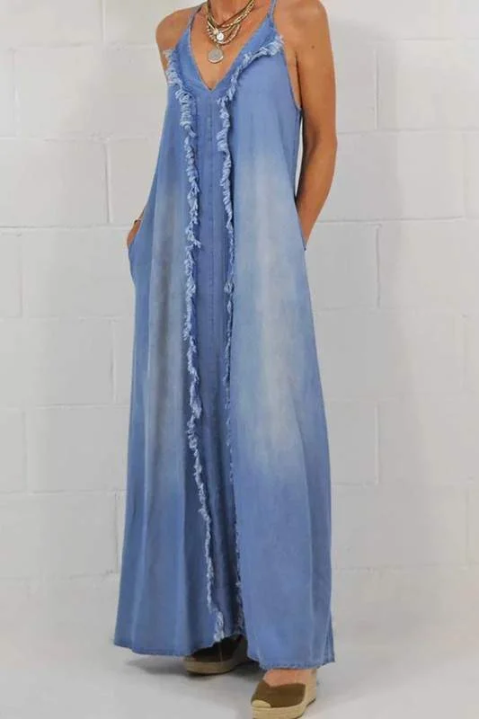 DENIM FRONT FRINGE MAXI DRESS Cozy Spaghetti Strap Maxi Dress