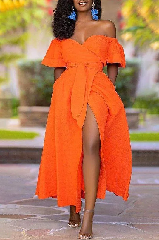 ELEGANT OFF SHOULDER WAIST BELT SLIT MAXI DRESS Cozy Spaghetti Strap Maxi Dress