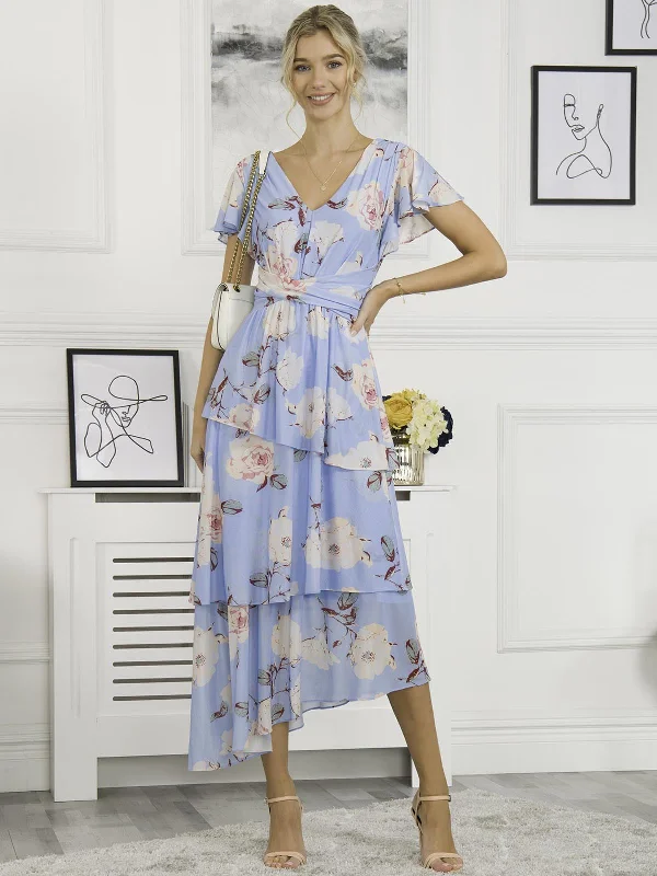 Elodie Tiered Mesh Maxi Dress, Blue Floral Fashionable Open-Back Maxi Dress