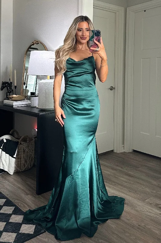 Ezra Cowl Back Satin Maxi Dress: Emerald Elegant Maxi Dress with Ruffles