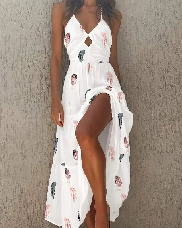 FEATHER PRINT SPAGHETTI STRAP CUTOUT HALTER MAXI DRESS Elegant Lace-Up Maxi Dress