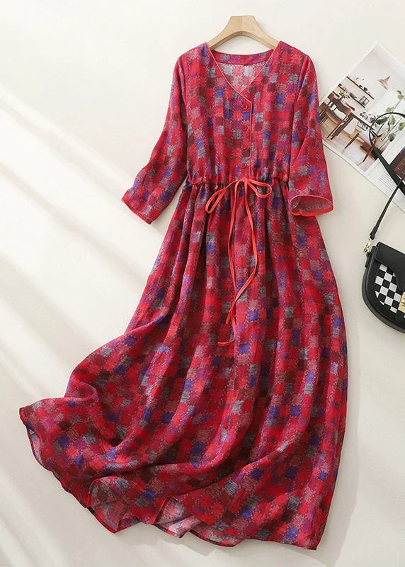 Fitted Red Plaid V Neck Wrinkled Tie Waist Button Maxi Dress Short Sleeve Comfortable Flowy Maxi Dress