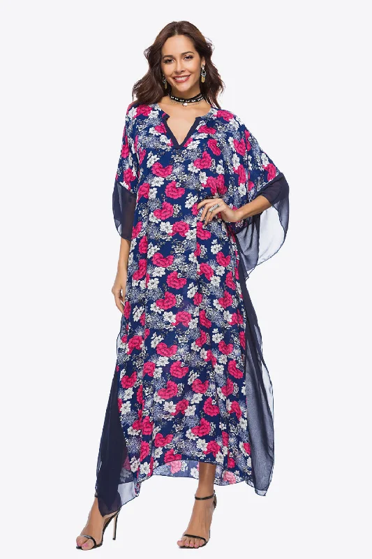Floral Notched Neck Dolman Sleeve Maxi Dress Comfortable T-Shirt Maxi Dress