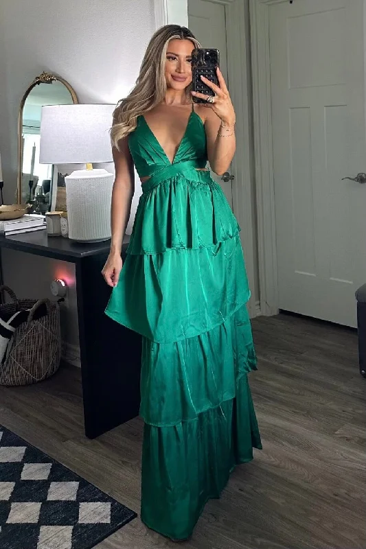 Florence Tiered Satin Maxi Dress: Green Trendy Maxi Dress with Bow