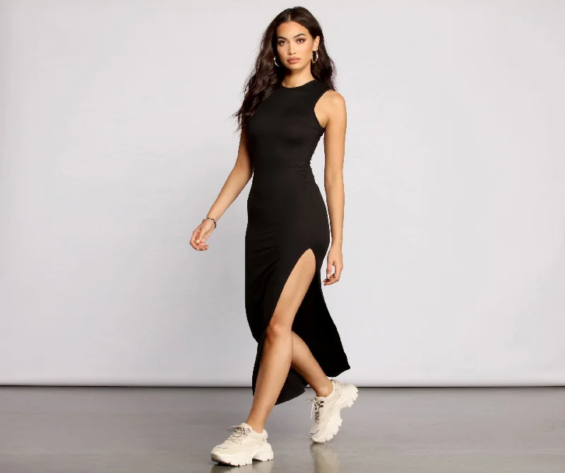 Get Knit Right Charming High Slit Maxi Dress