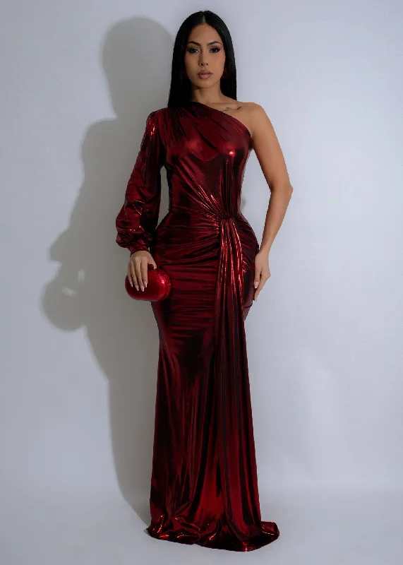 Gilded Glow Metallic Ruched Maxi Dress Red