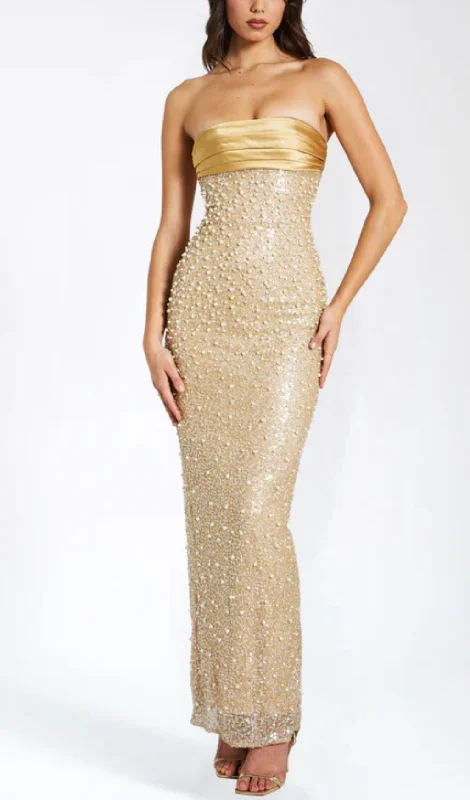 GOLD SATIN SEQUIN PEARLS BEADED MAXI DRESS Stylish One-Shoulder Maxi Dress