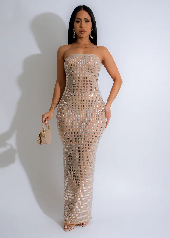 Golden Mirage Mesh Rhinestone Maxi Dress Nude