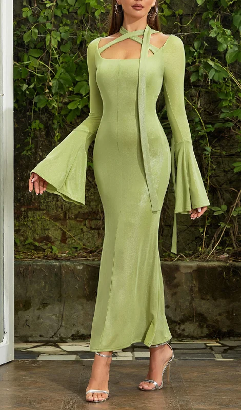 GREEN TRUMPET SLEEVE BODYCON MAXI DRESS Cozy Knit Maxi Dress