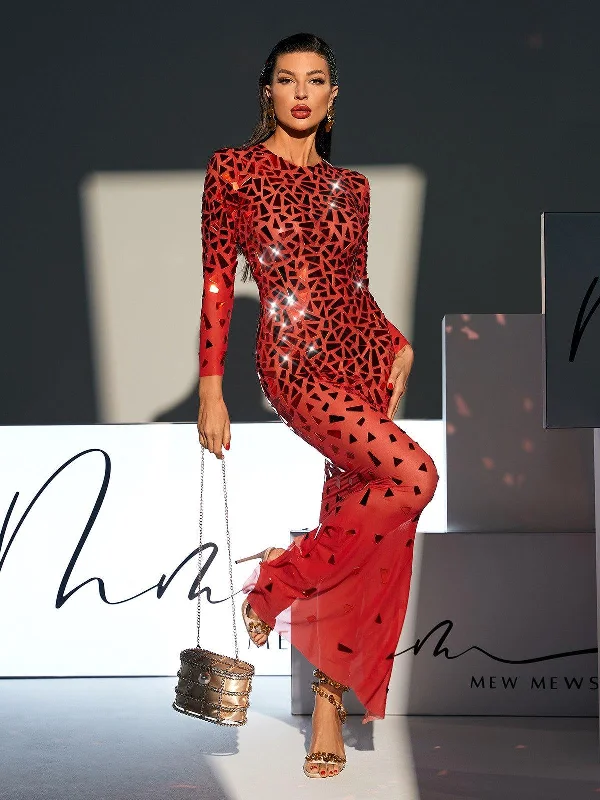 Guthrie Long Sleeve Acrylic Mesh Maxi Dress Elegant Maxi Dress with Belt