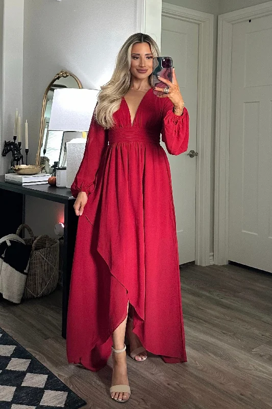 Hidden Gems High Low Maxi Dress: Burgundy Trendy Printed Maxi Dress