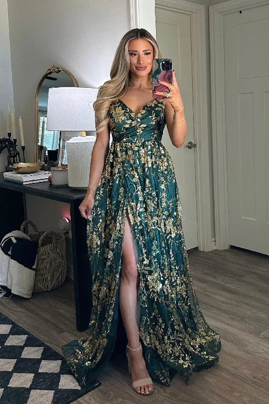 Holiday Affair Sparkly Open Back Maxi Dress: Emerald Trendy Ruffled Maxi Dress