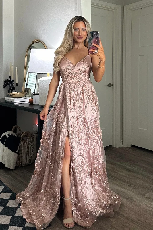 Holiday Affair Sparkly Glitter Open Back Maxi Dress: Rose Gold Comfortable Cotton Maxi Dress