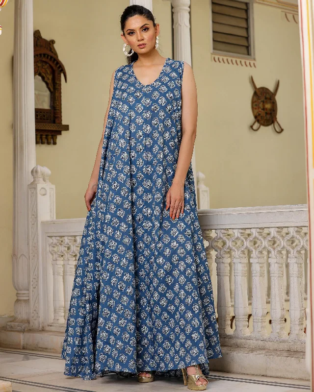 INDIGO COTTON MAXI DRESS Comfortable Maxi Dress with Sleeves