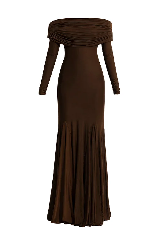 IRENE ESPERESSO BROWN MAXI DRESS Stylish Pleated A-Line Maxi Dress