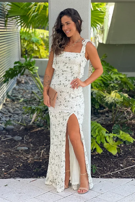 Ivory And Green Floral Maxi Dress With Slit Trendy Maxi Dress with Lace