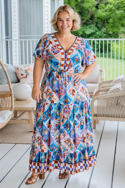 Joelle Maxi Dress Villeneuve Choc Multi Elegant Maxi Dress with Drapes