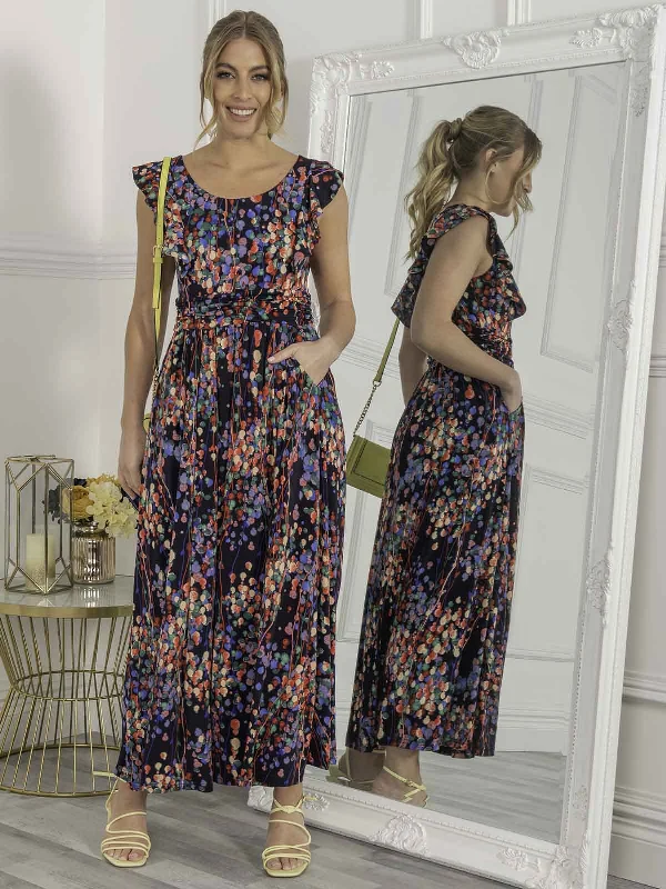Jolie Moi Adalena Frill Shoulder Maxi Dress, Navy Multi Classic V-Neck Maxi Dress