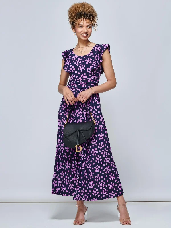 Jolie Moi Adalena Frill Shoulder Maxi Dress, Spot Multi Elegant Silk Maxi Dress