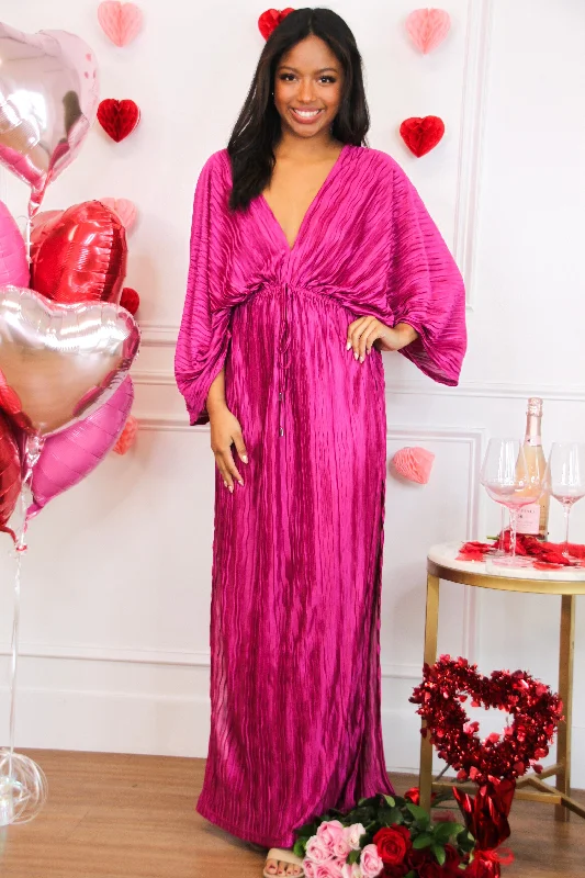 Junie Pleated Batwing Maxi Dress: Magenta Comfortable Plunging Neckline Maxi Dress