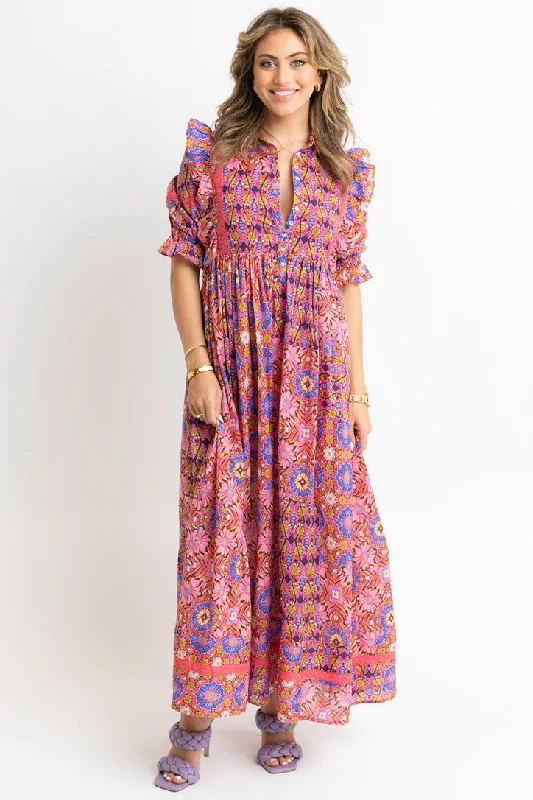 Kaleidoscope Puff Sleeve Tier Maxi Dress