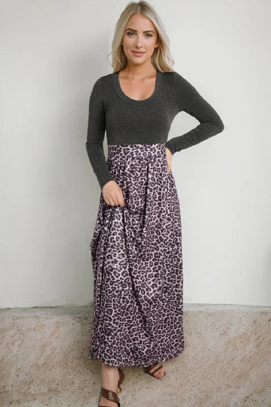 Leopard Round Neck Maxi Dress Fashionable High-Low Maxi Dress