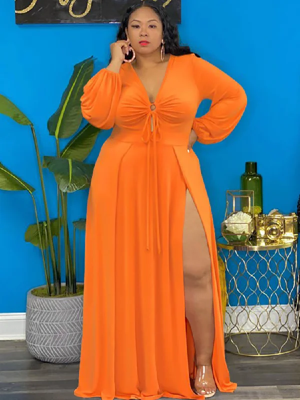 Long Sleeve Lace Up Split Maxi Dresses Fashionable Asymmetrical Maxi Dress