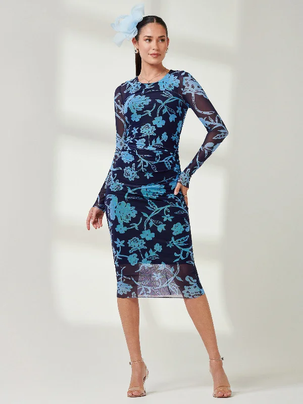 Long Sleeve Mesh Bodycon Maxi Dress, Navy Floral Comfortable Fit-and-Flare Maxi Dress Long Sleeve Mesh Bodycon Maxi Dress, Navy Floral Comfortable Fit-and-Flare Maxi Dress