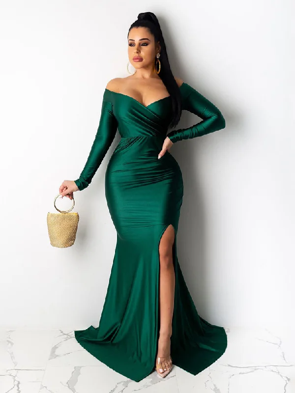 Long Sleeve Off Shoulder Split Maxi Dresses Elegant Maxi Dress with Pockets