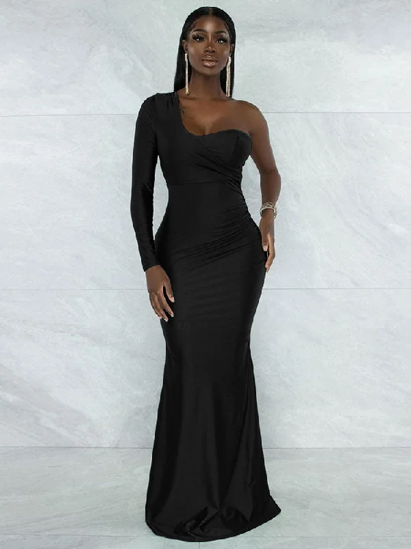 Long Sleeve One Shoulder Bodycon Maxi Dresses Elegant Maxi Dress with Belt