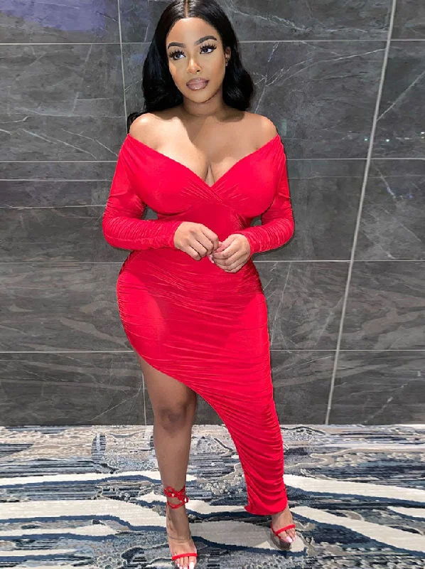Long Sleeves Side Split Ruched Maxi Dresses Trendy Maxi Dress with Lace