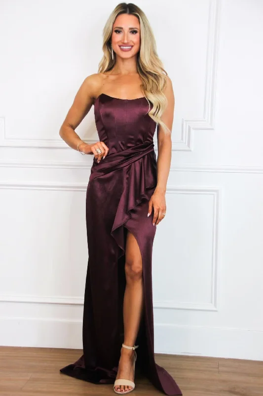 Lover Satin Ruffle Maxi Dress: Maroon Trendy Short Sleeve Maxi Dress