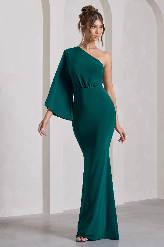 Luciana | Bottle Green One Shoulder Drape Sleeve Maxi Dress