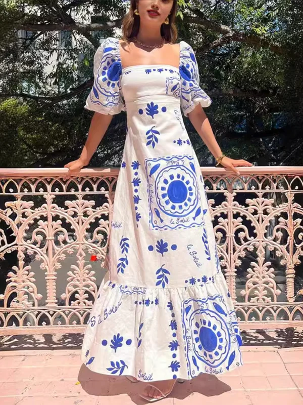 Blue Zone Planet | Lynn's Botanical Square Neck Lantern Sleeve Slim-Fit Maxi Dress Stylish Maxi Dress with Pleats Blue Zone Planet | Lynn's Botanical Square Neck Lantern Sleeve Slim-Fit Maxi Dress Stylish Maxi Dress with Pleats
