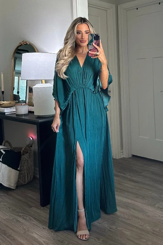 Maricela Kimono Sleeve Maxi Dress: Emerald Trendy Floral Print Maxi Dress