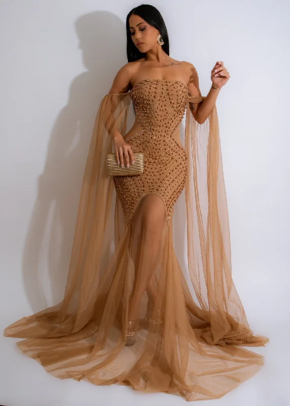 Maximum Radiance Rhinestone Maxi Dress Nude